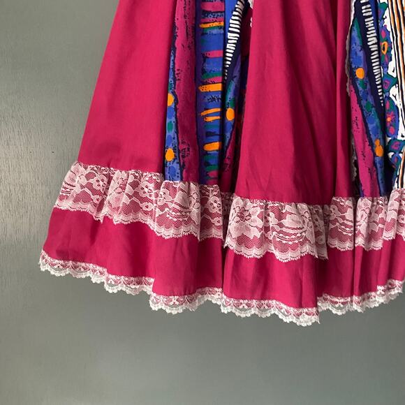 PITCHFORK BRAND Vintage 70's Womens M Prairie Skirt Vibrant Pink Lace Abstract - Picture 9 of 9